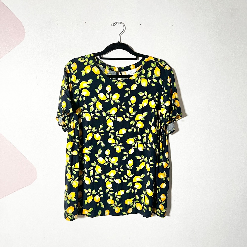 J. Jill Top Womens 1X Lemon Print Short Sleeve Ruffles Rayon